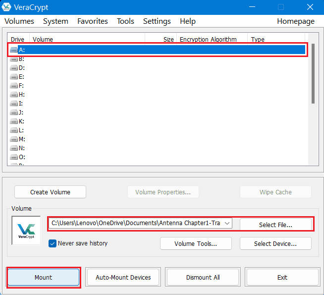 select volume folder mount veracrypt