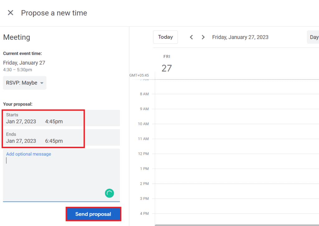 set your time under your proposal send proposal google calendar