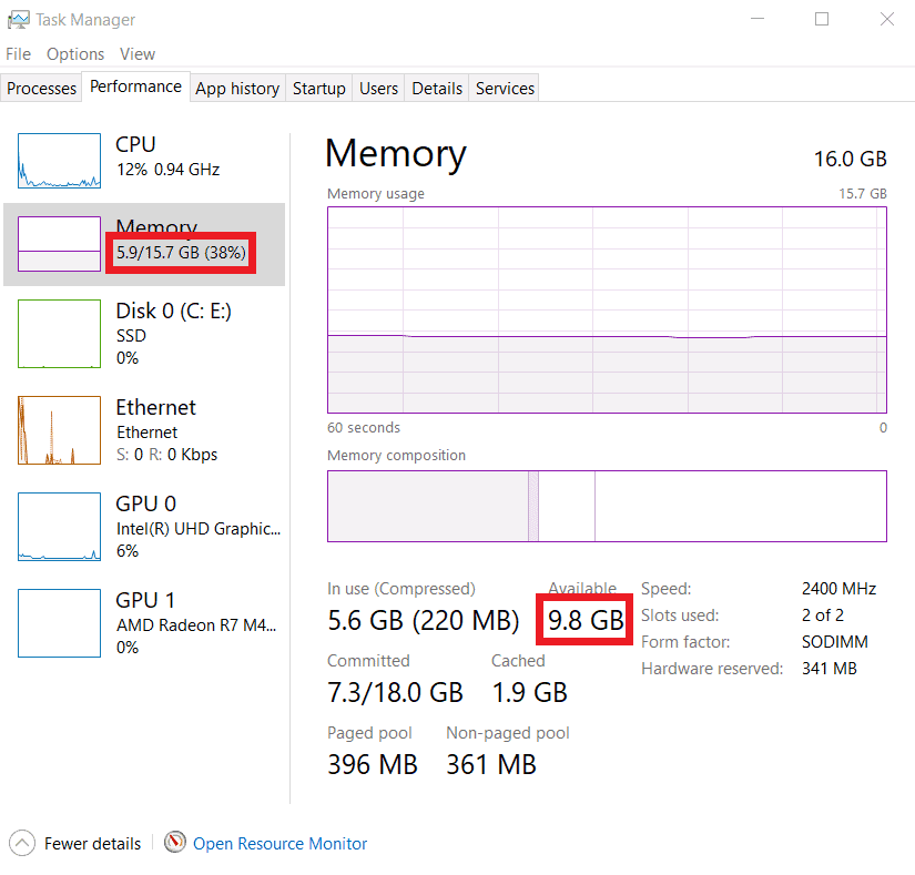 RAM used vs memory available