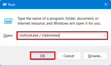 type outlook exe cleanviews on run command