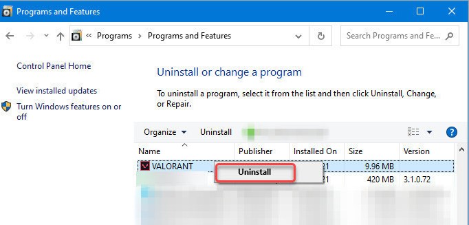 Uninstall valorant from control panel