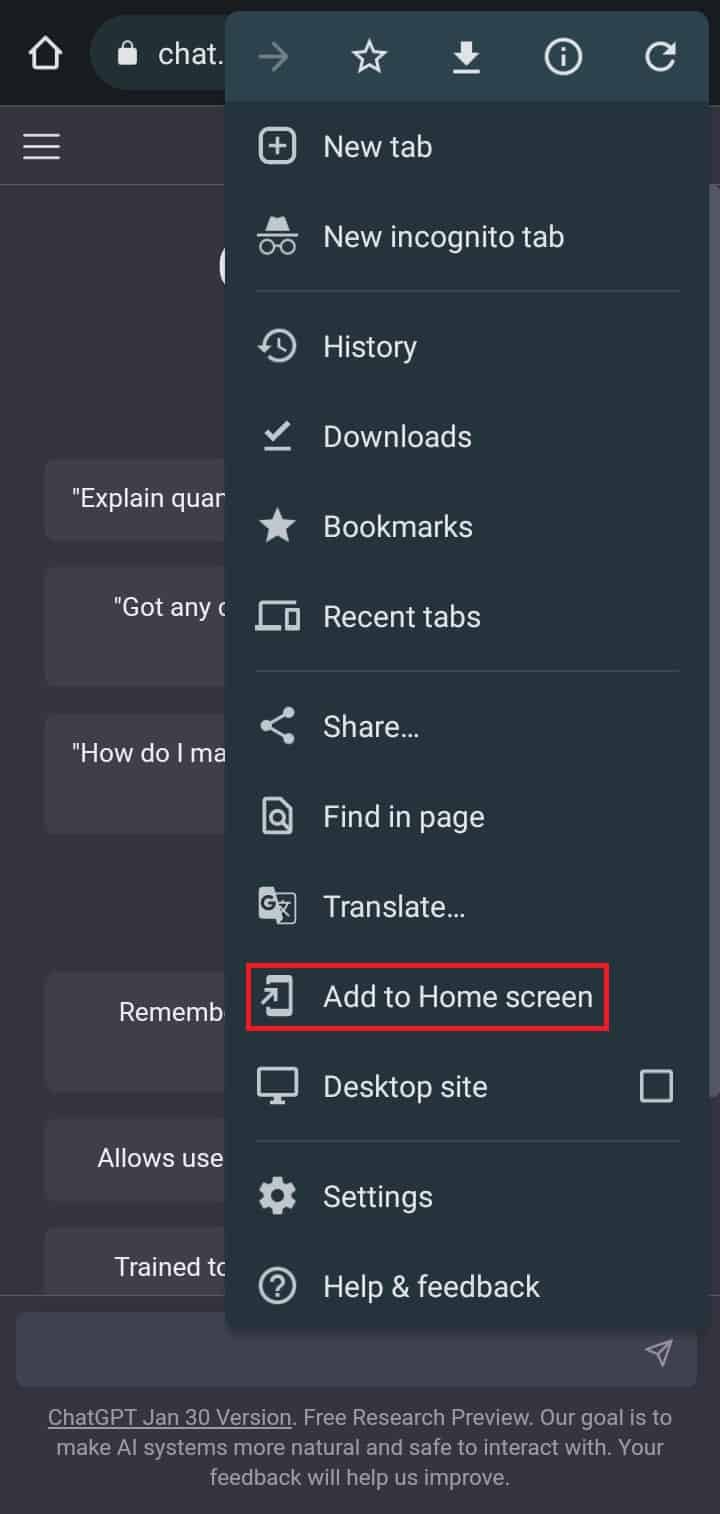 Tap on add to home screen option in chrome