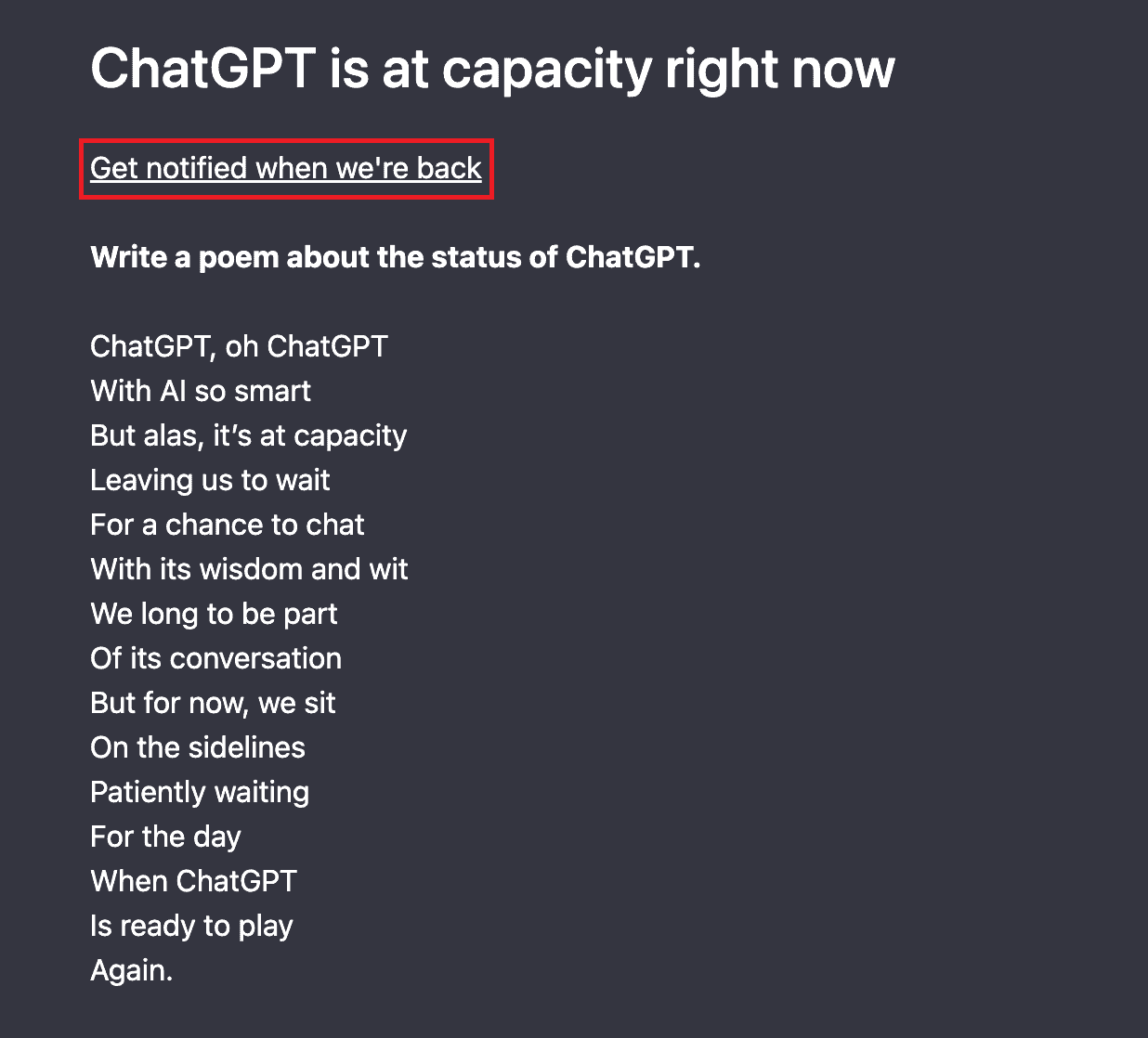 Get notified when we're back option in ChatGPT