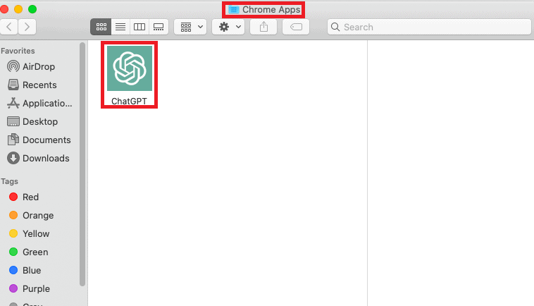ChatGPT shortcut icon on Chrome apps folder on the Mac.