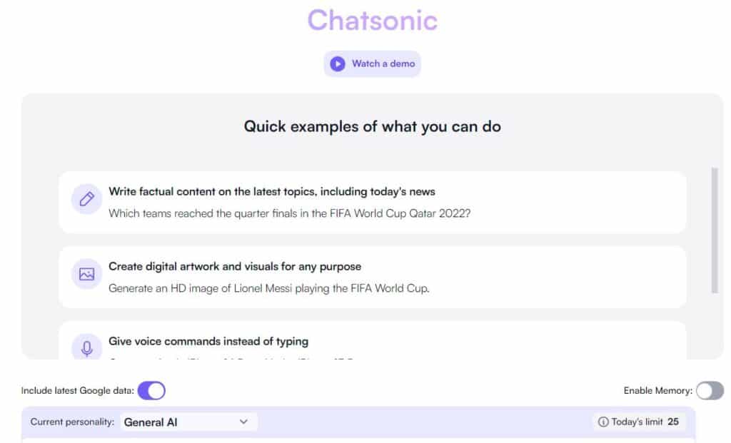 Chatsonic interface outlines the guide beforehand