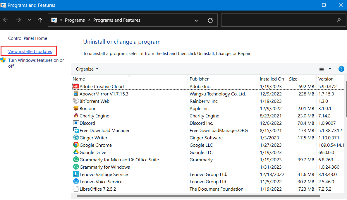 click view installed updates under programs and features