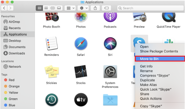 select any app move to bin on mac