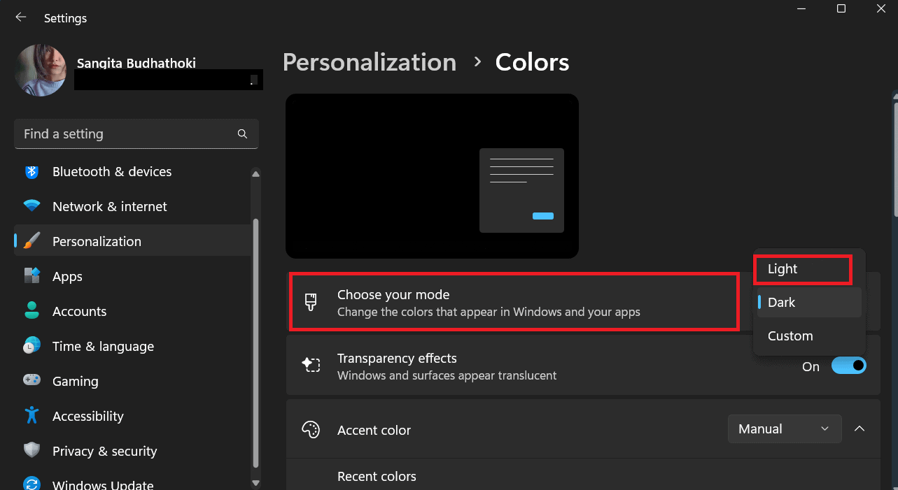 select choose your mode light to fix black word document
