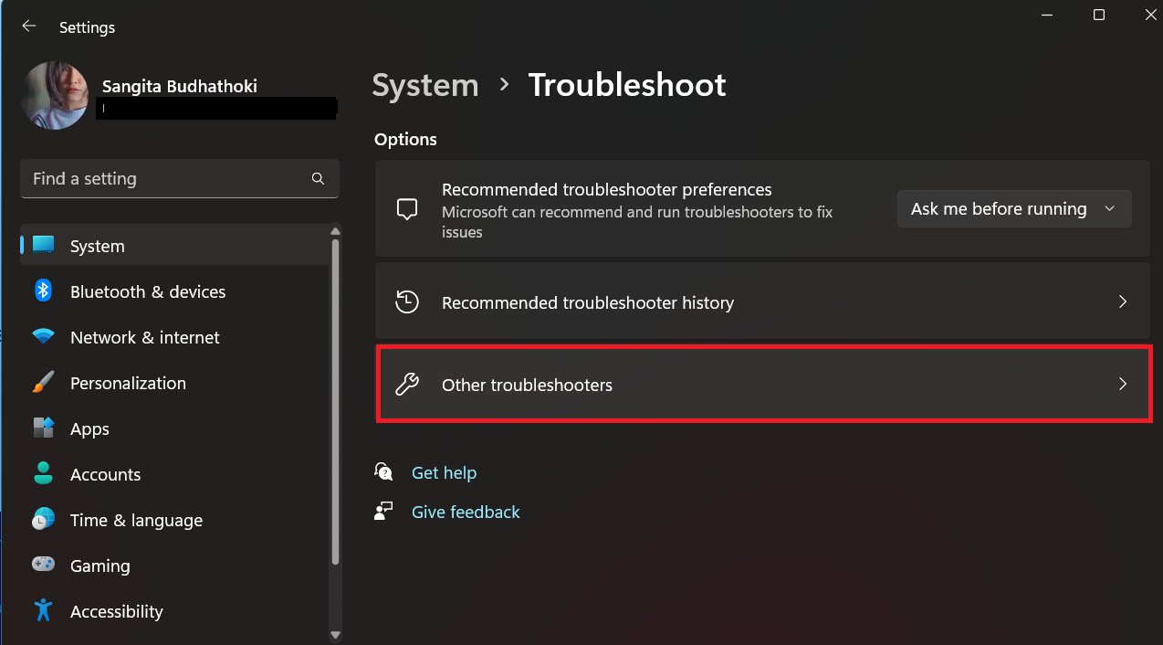 select other troubleshooter under troubleshooting settings