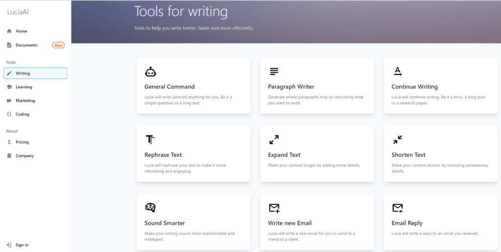 Writing tools of Lucia AI