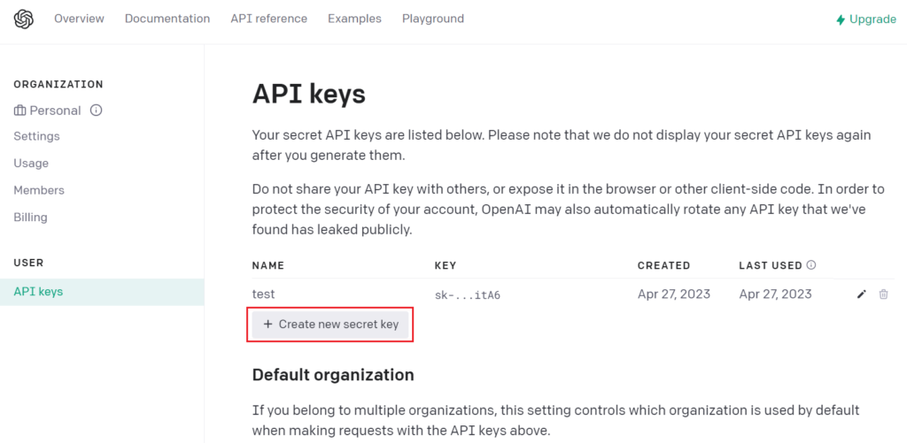 Creating API keys in OpenAI