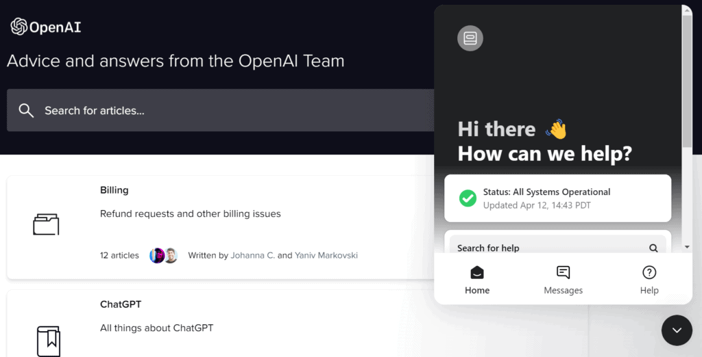 Help center of OpenAI