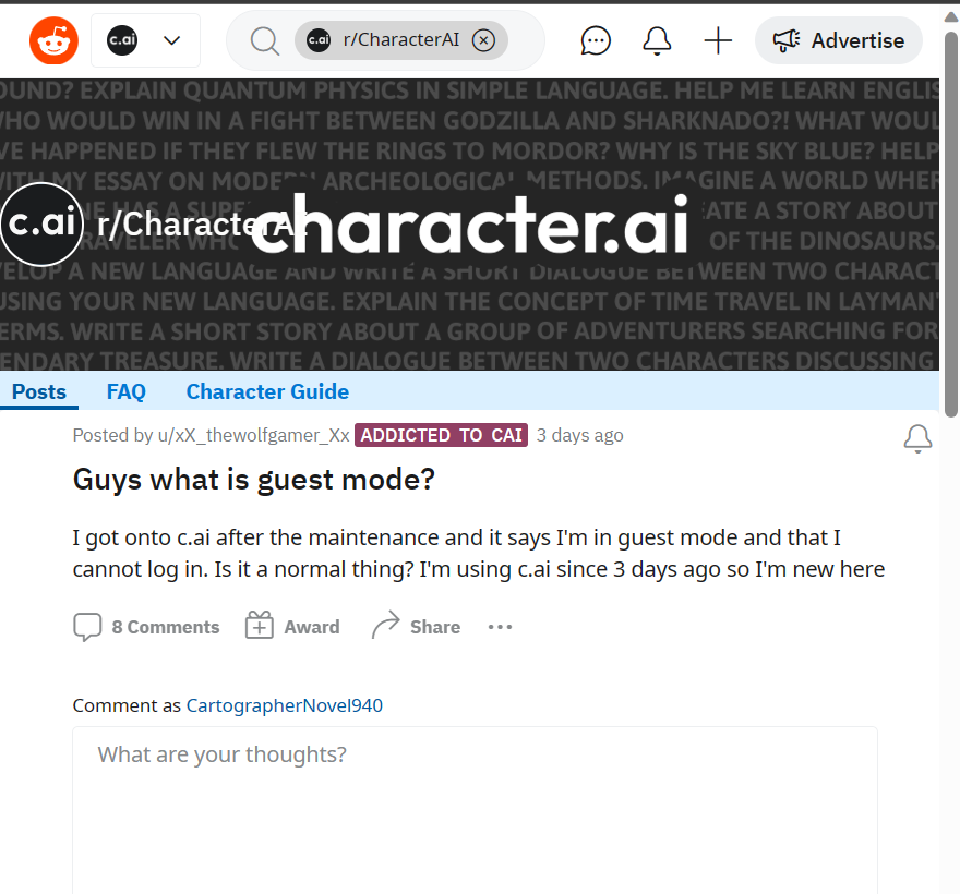 Character AI Reddit discussion about guest mode