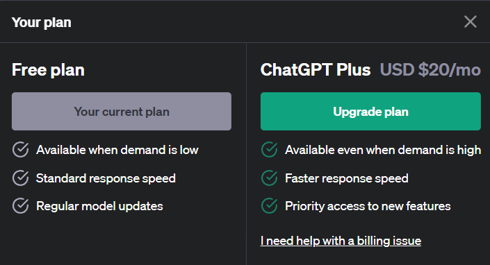 ChatGPT upgrade subscription plan