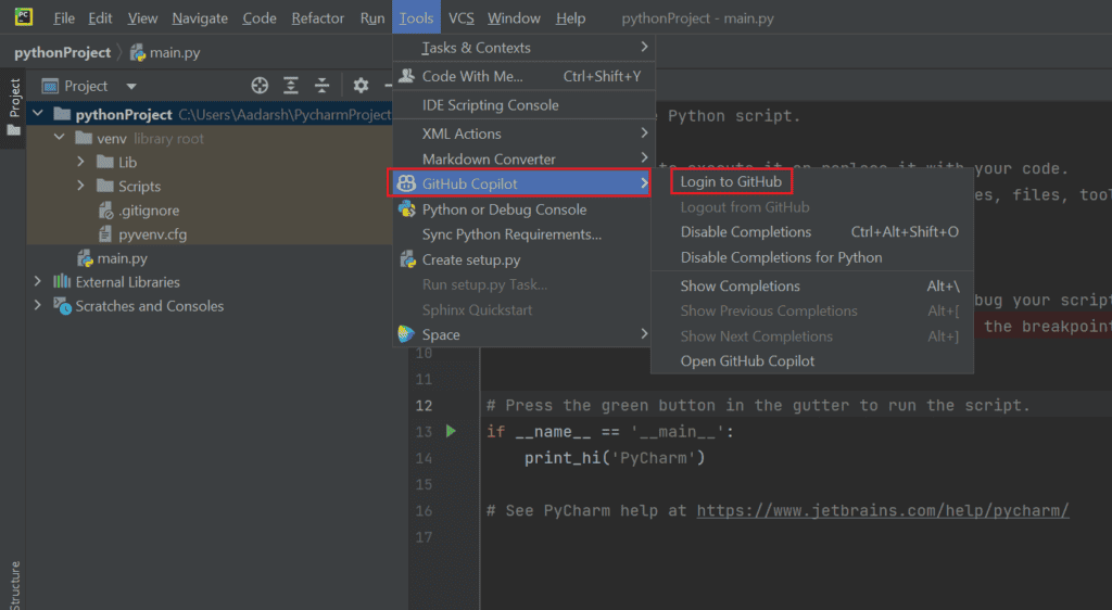 Tools section in the PyCharm