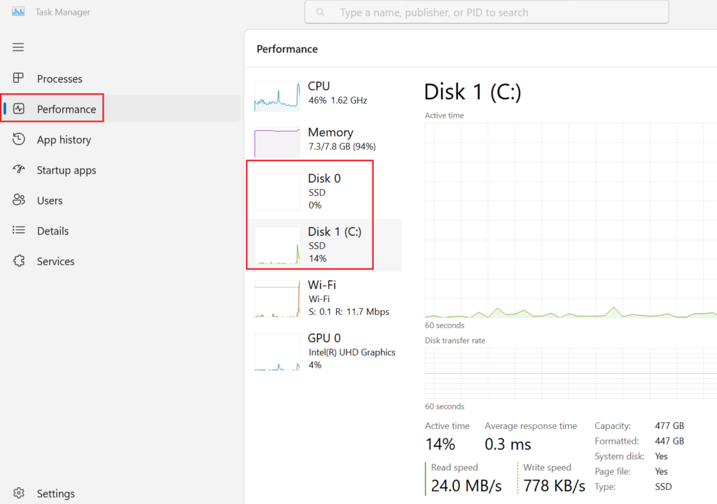 Checking disk usage in the task manager
