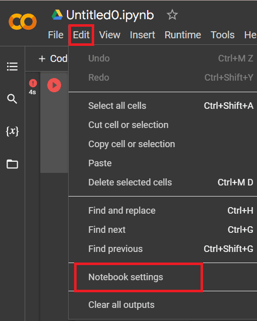 click on edit notebook settings on colab