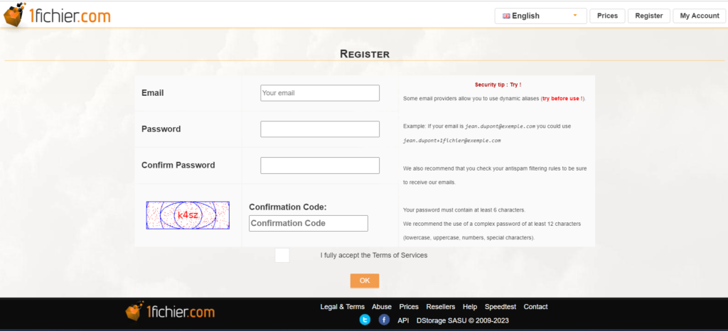 Register your account in 1fichier