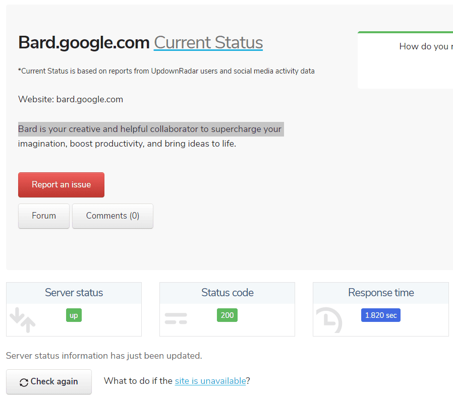 Server status of Google Bard