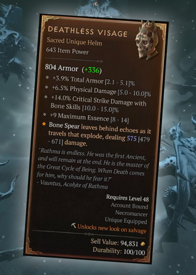 Deathless Visage In-Game Card View Diablo 4.