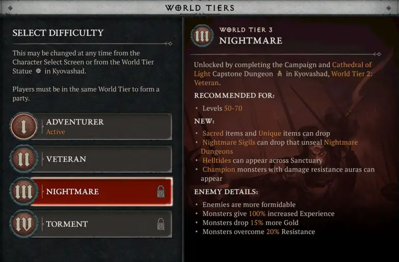 World Tier 3 Details In Diablo 4.