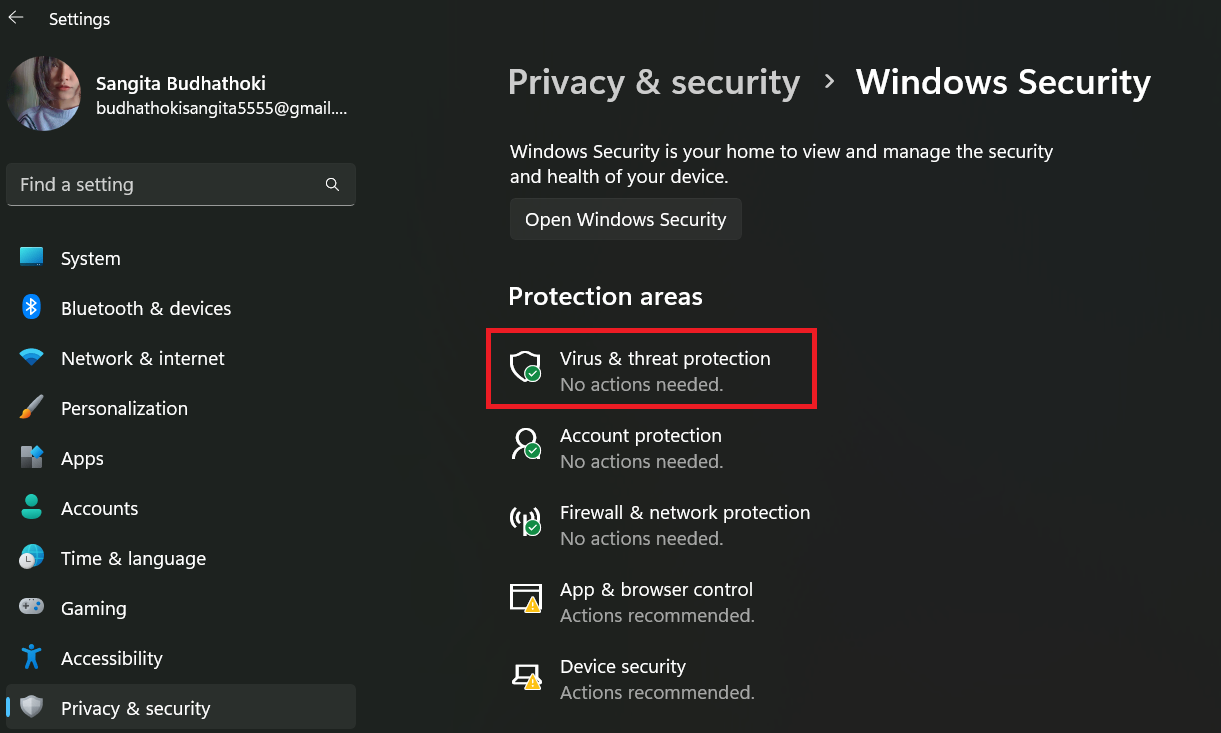 click on virus and threat protection