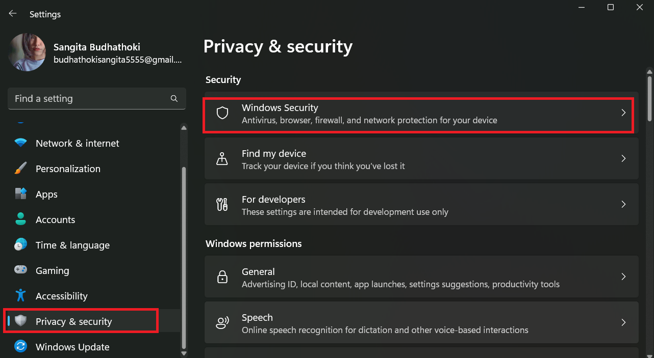 go to privacy and security windows security