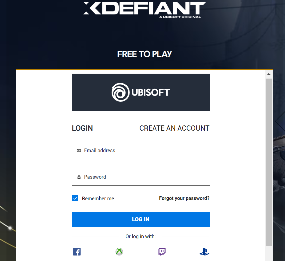login page of XDefiant