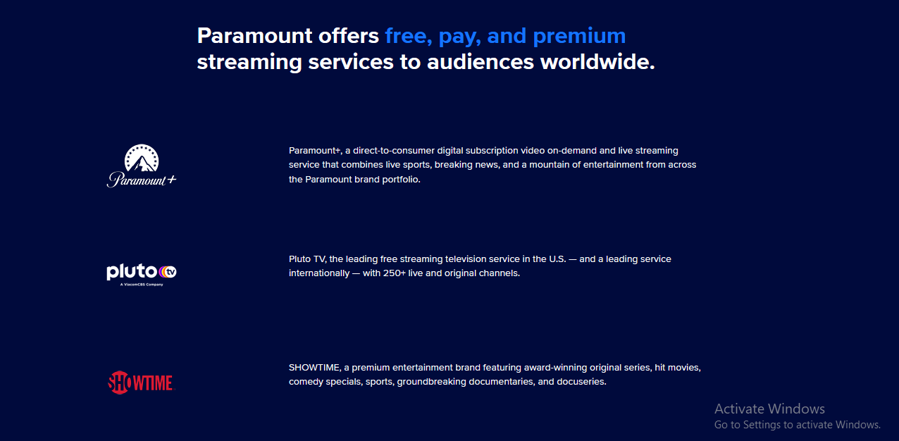 Paramount offers free, pay, and premium streaming services 