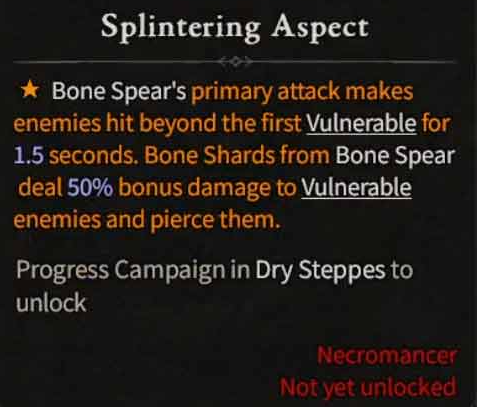 Splintering Aspect In-Game Card In Diablo 4.