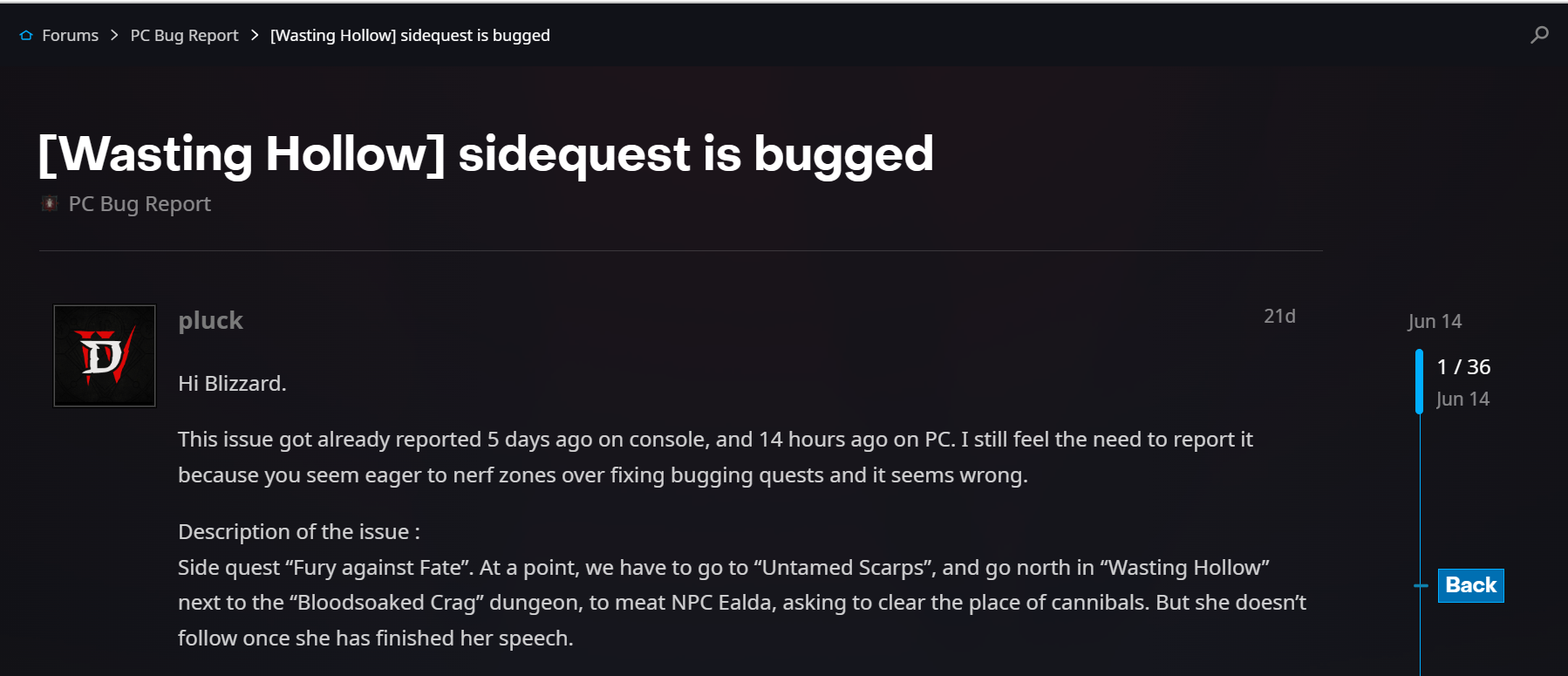 Blizzard forum regarding bug