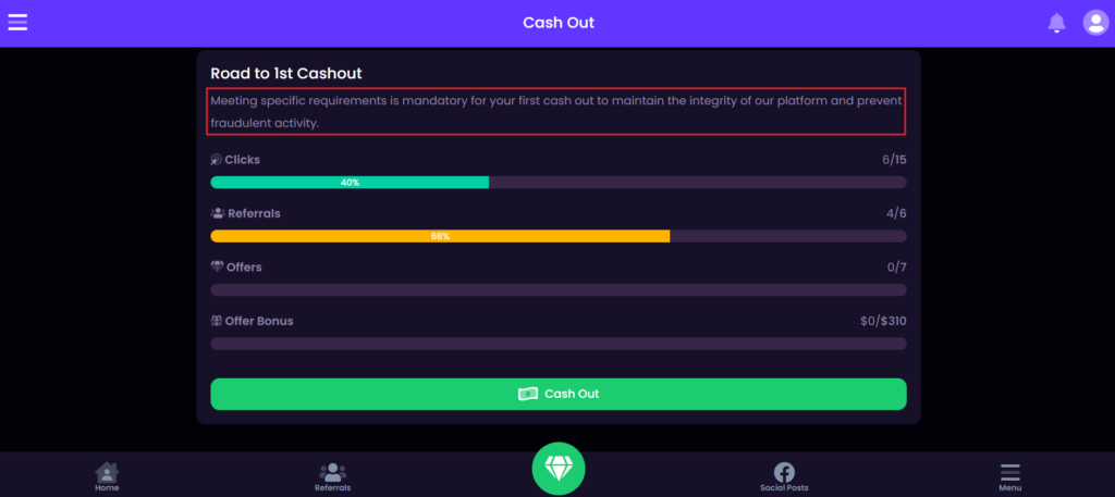 Cash out requirements in SocialOasis