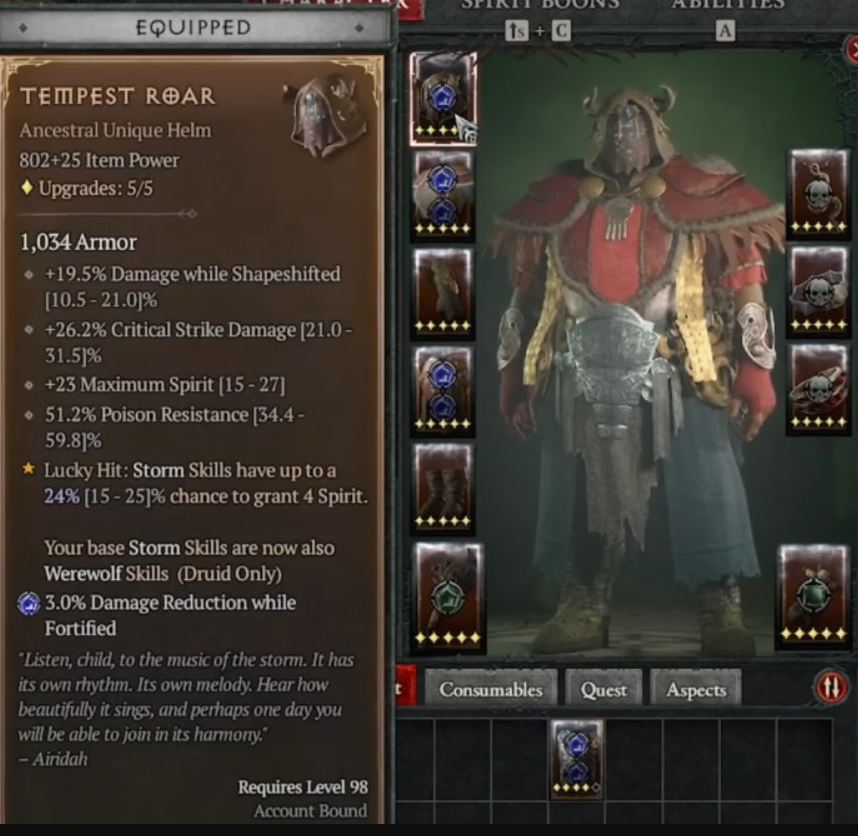 Player With The Tempest Roar Helmet In Diablo 4.
