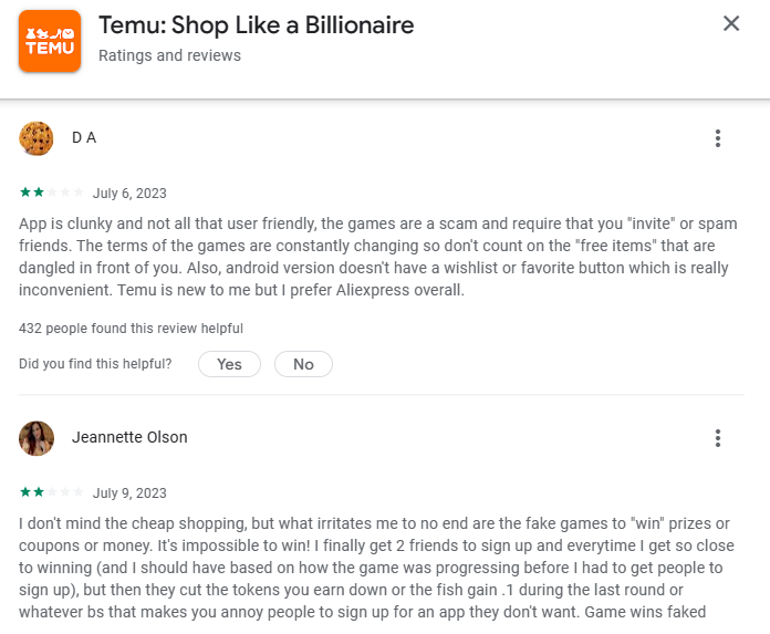 Temu app recent review on Google play store