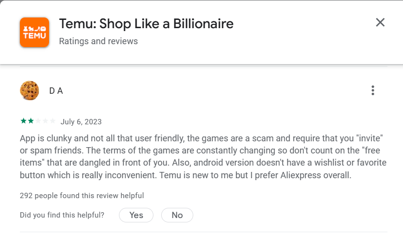 negative review of people on temu app