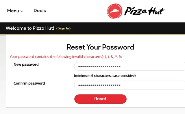 pizza hut password reset not working