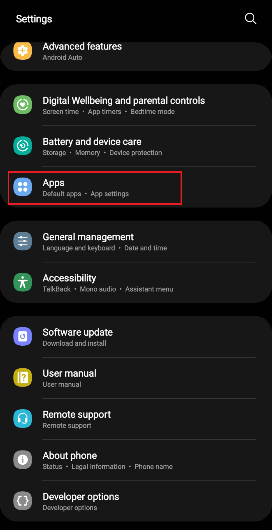 tap on apps under settings