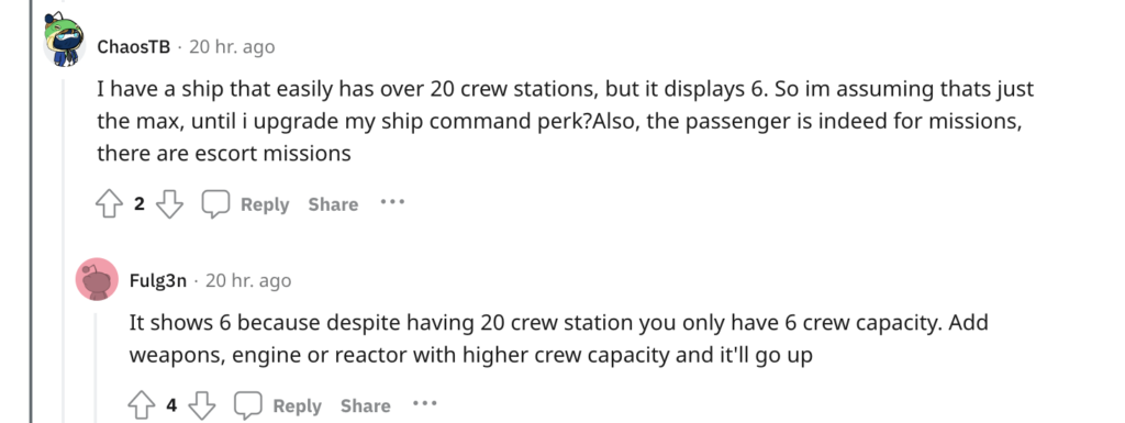 Reddit user discussion on crew capacity