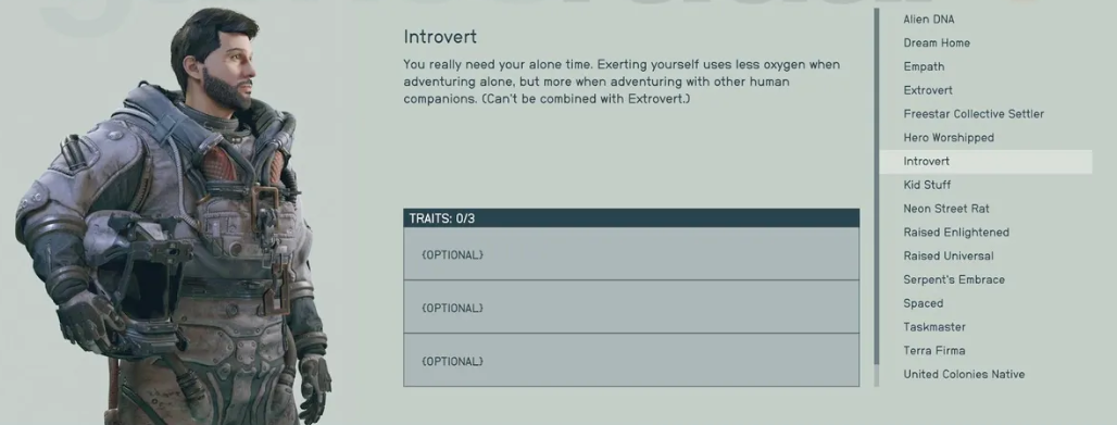 Introvert trait panel in Starfield