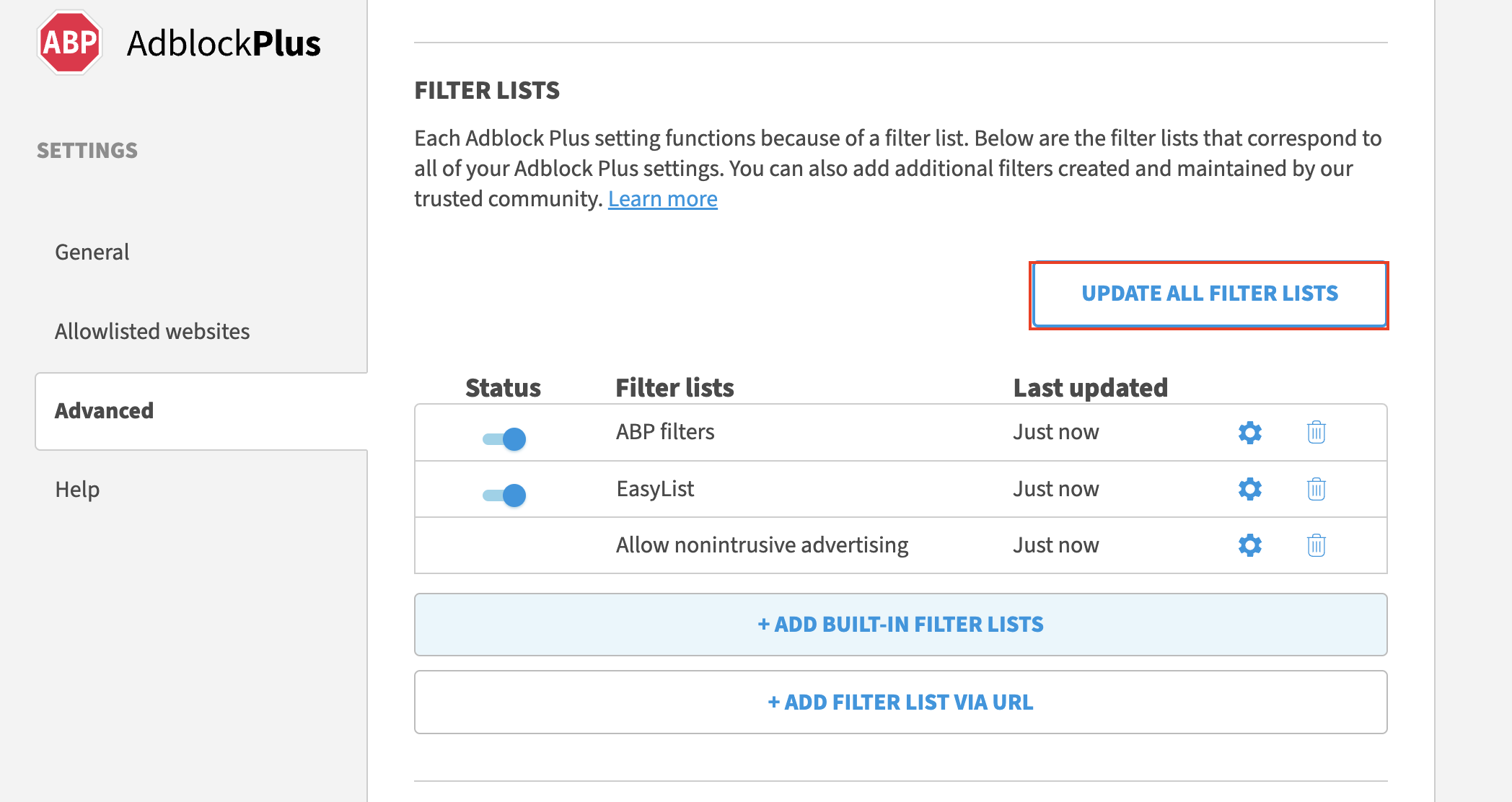 Update filter list
