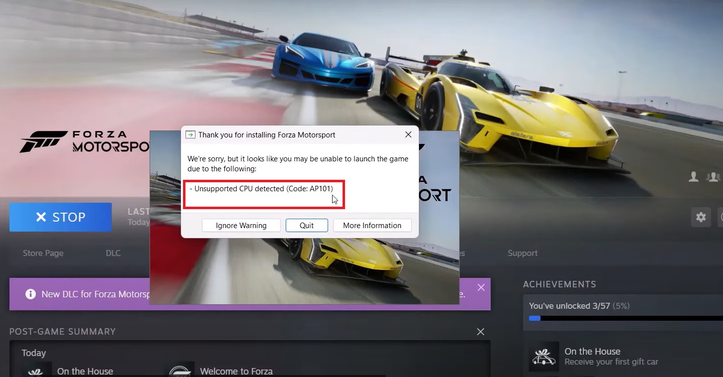 Forza Motorsport Unsupported CPU error.