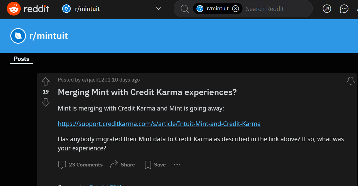 A Reddit post on mint shutting down