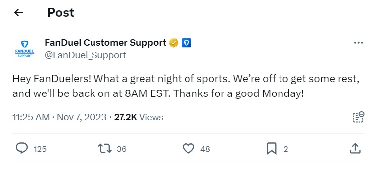 Notice from the official FanDuel Customer Support