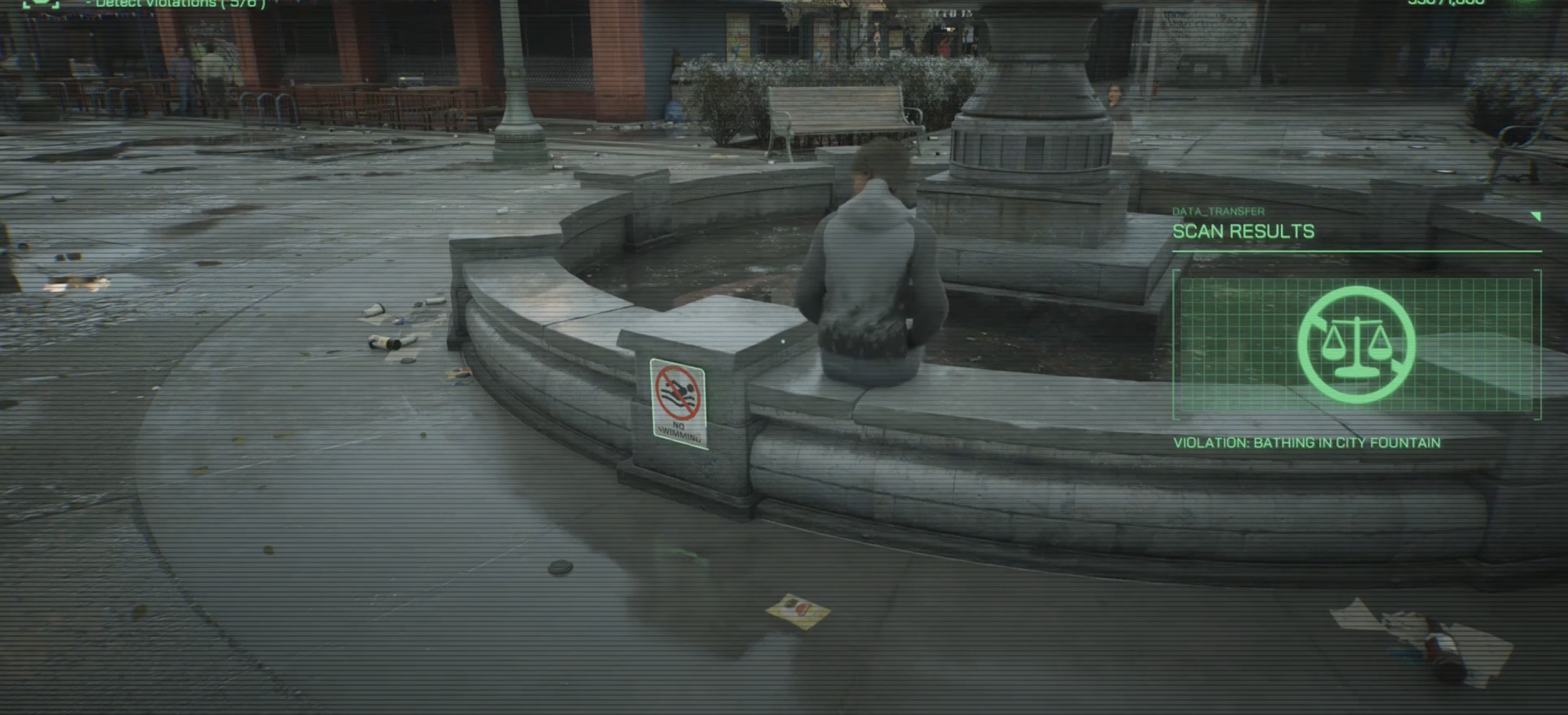 Violating the no swimming rule in the fountain for Violations in robocop rogue city.