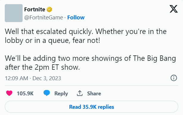Fortnite Response For Big Bang Event