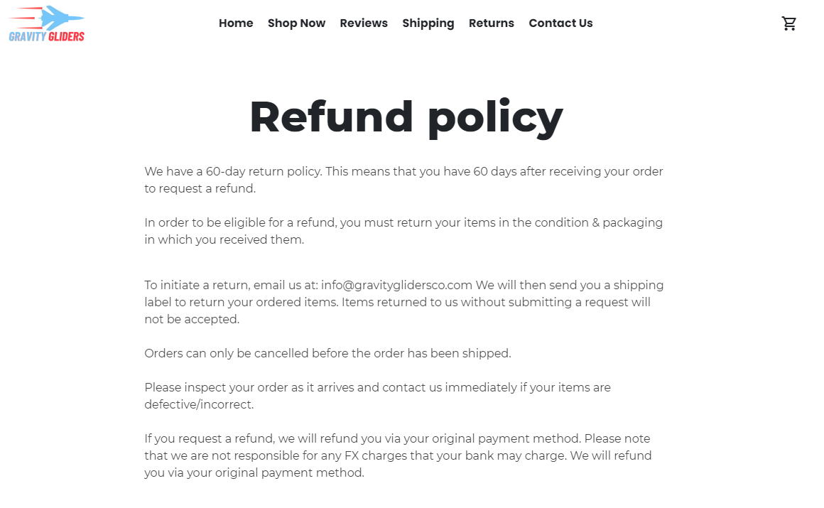 refund policy gravity gliders