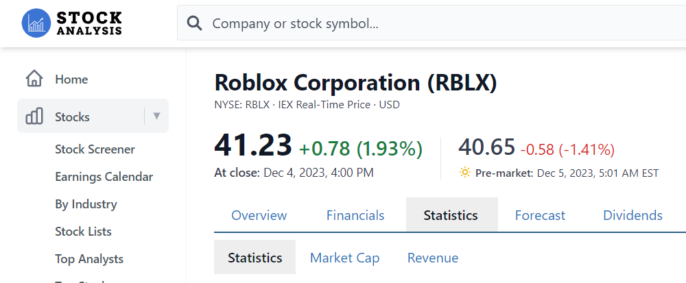 roblox valuation stock market