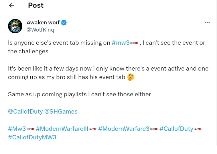 twitter post about event tab missing