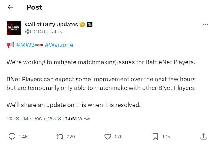 Notice from COD team about Warzone 3 crossplay not working 