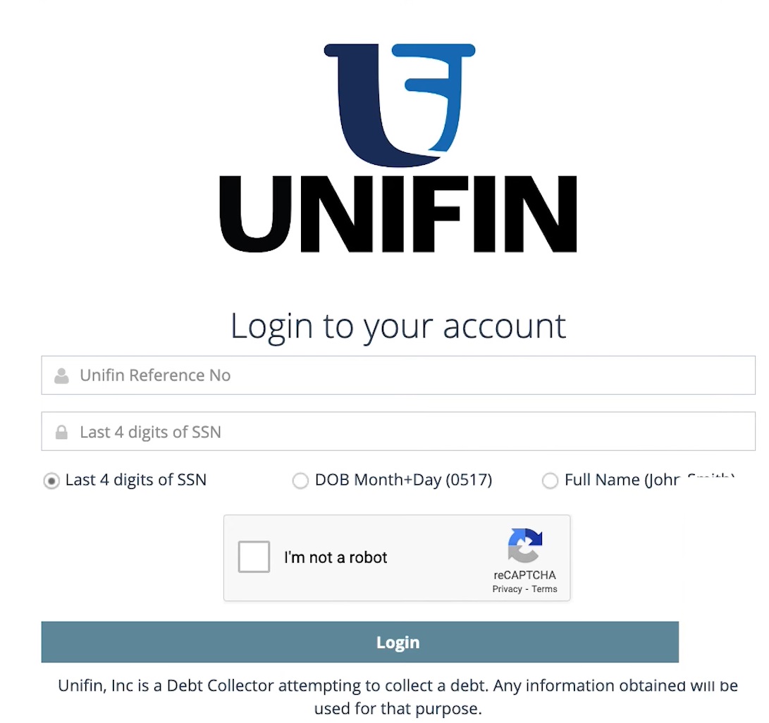 Unifin debt collector login page